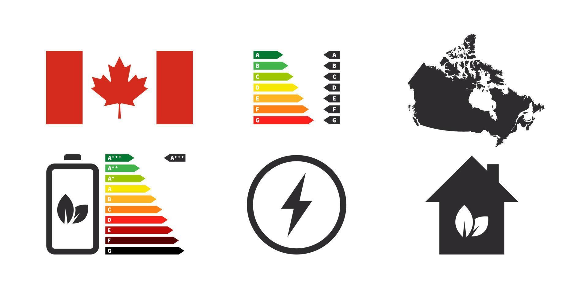 ícones de eficiência energética do Canadá. ícones de desempenho energético. gráfico de classificação de energia. ilustração vetorial vetor