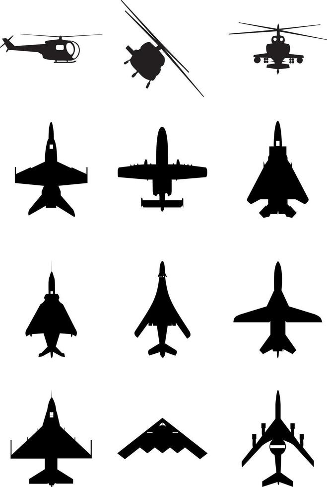 silhuetas de cor preta de aviões e helicópteros vetor