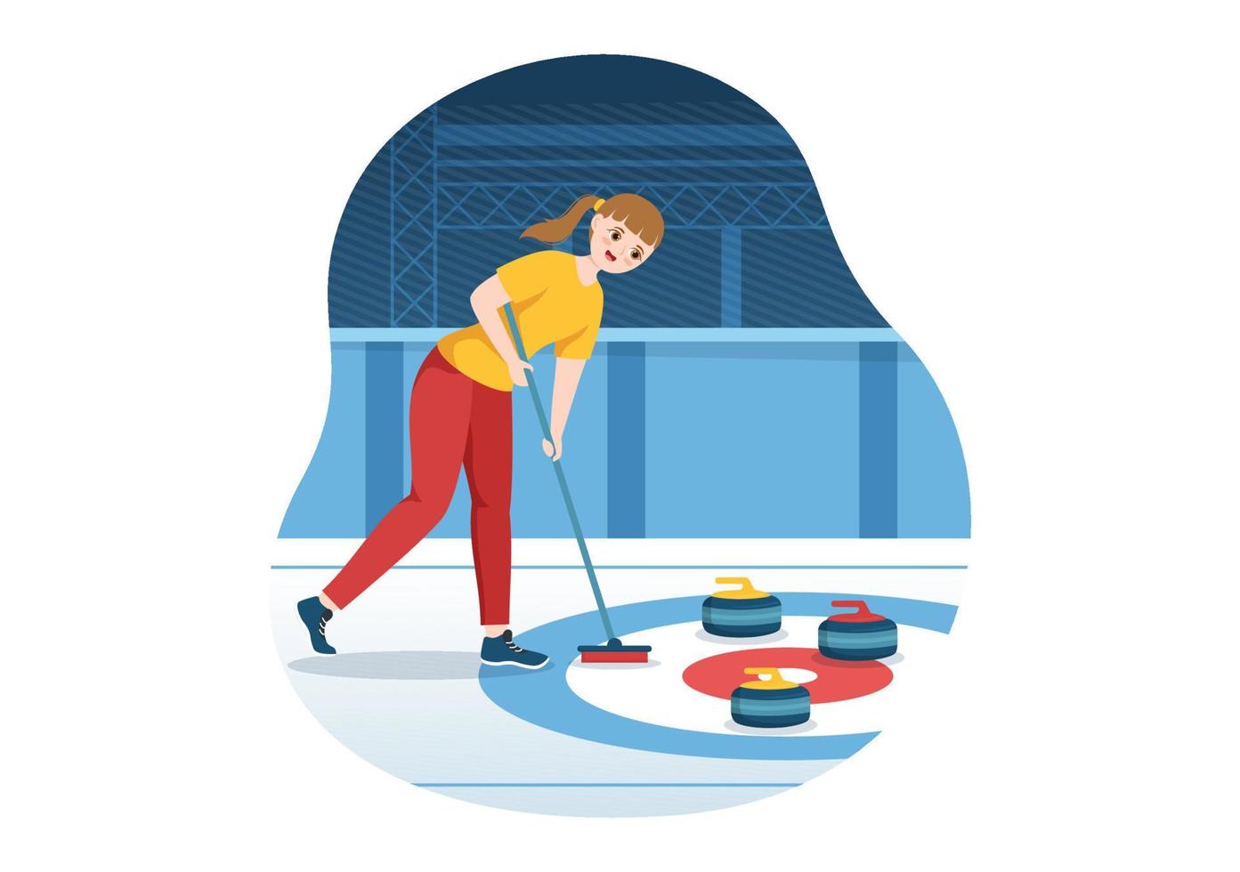 ilustração de esporte de curling com equipe jogando jogo de pedras e vassoura no anel de gelo retangular no modelo desenhado à mão de desenho animado plano de campeonato vetor