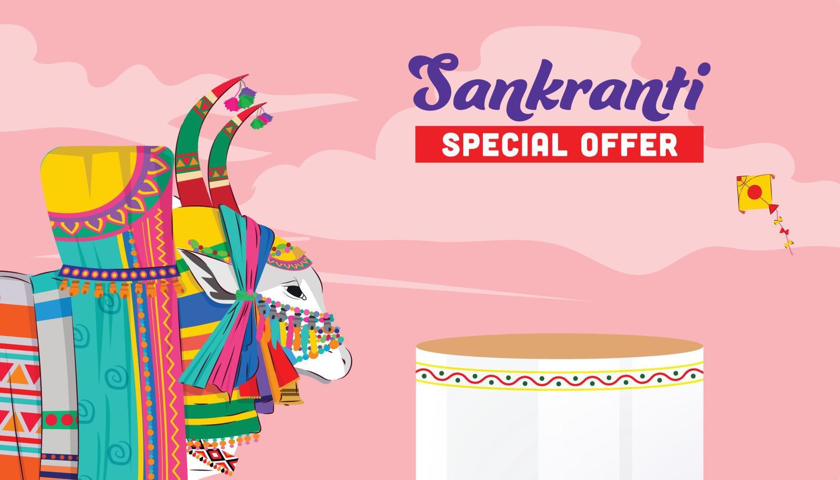 modelo de banner de oferta especial do festival sankranti com pódio de produtos e elementos festivos como jallikattu tradicional vetor