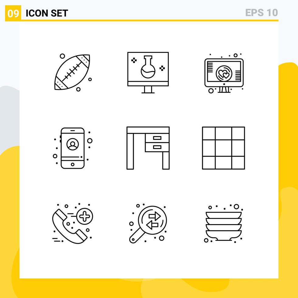 pacote de esboço de 9 símbolos universais de configurações de mesa ecolab tela móvel coração elementos de design de vetores editáveis
