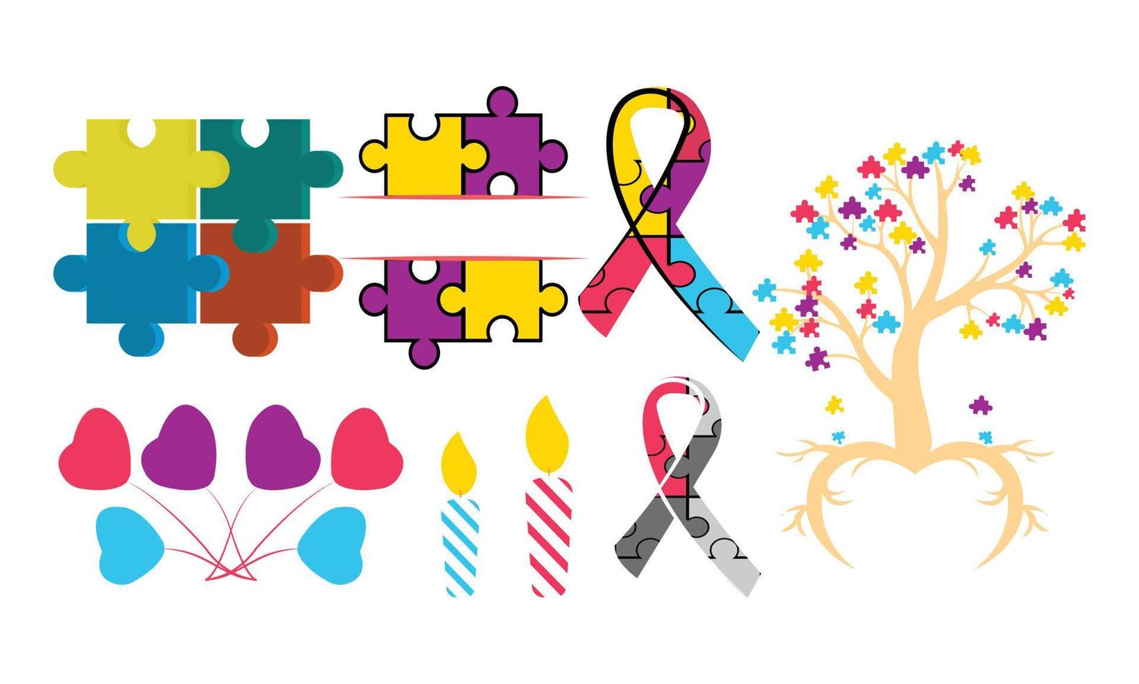 adesivos de autismo peças de quebra-cabeça coloridas design de pacote, crianças criativas de clipart motivacional de strickers de autismo e ilustração vetorial de adesivos de autismo. vetor