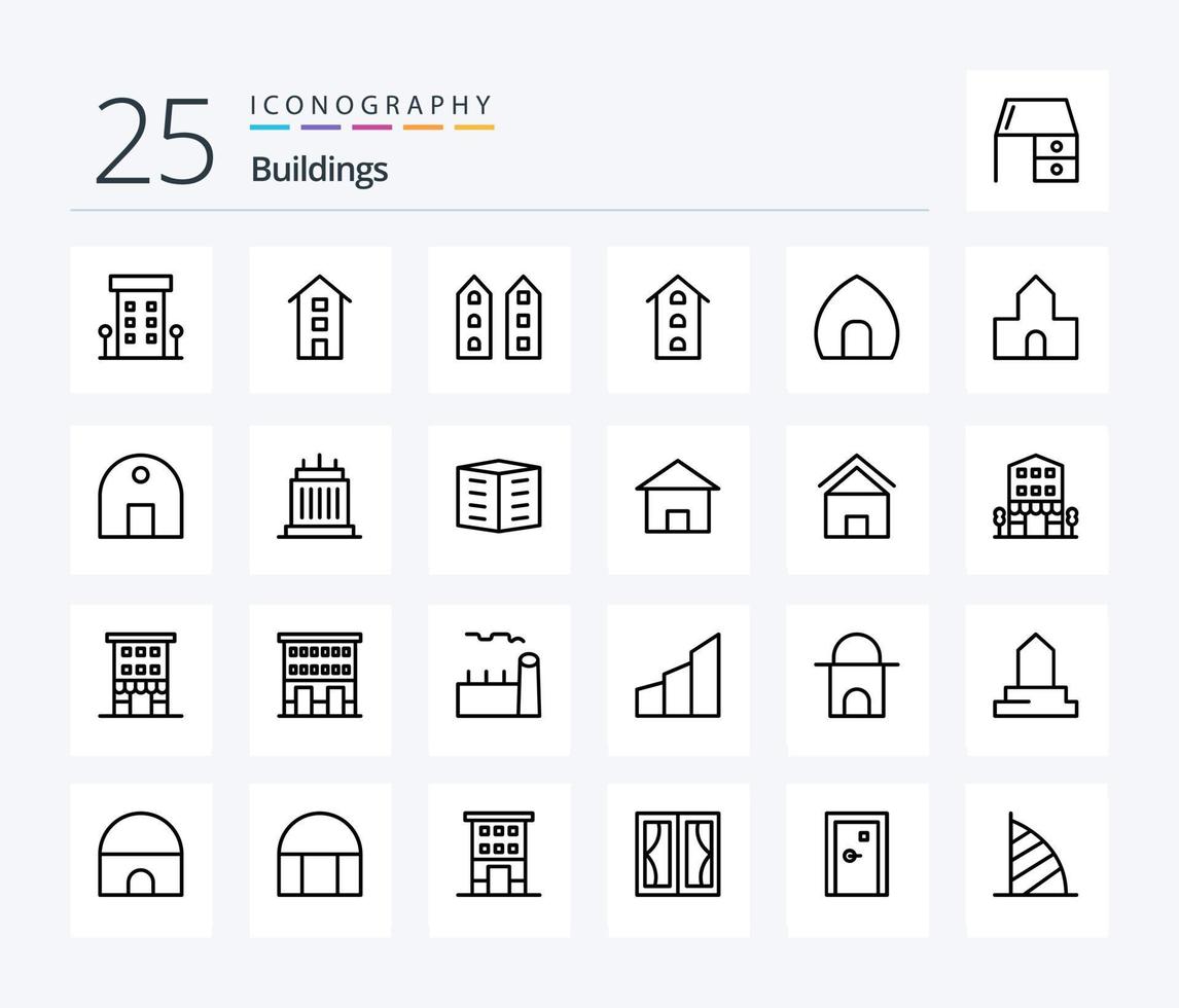 Pacote de ícones de 25 linhas de edifícios, incluindo mesquita. Prédio histórico. Prédio histórico. prédio. capela vetor