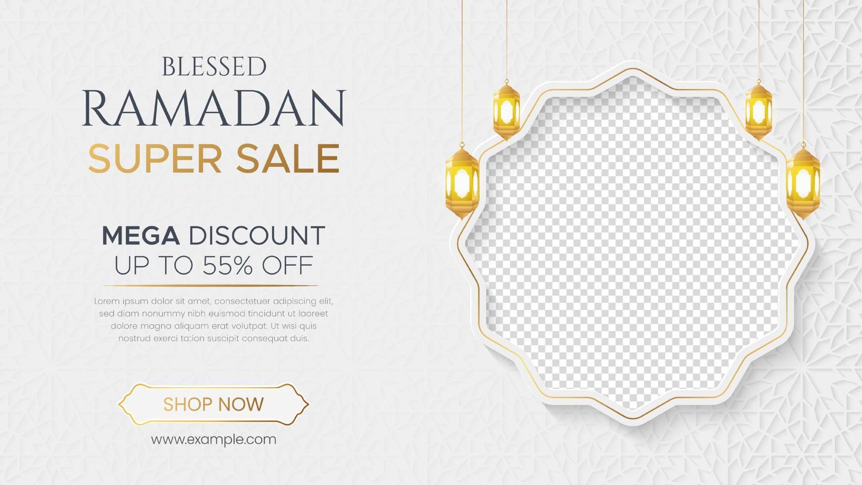 banner de venda de luxo ramadan kareem, fundo de lanterna de ornamento islâmico, postagem de mídia social de venda de ramadã com espaço vazio para foto vetor