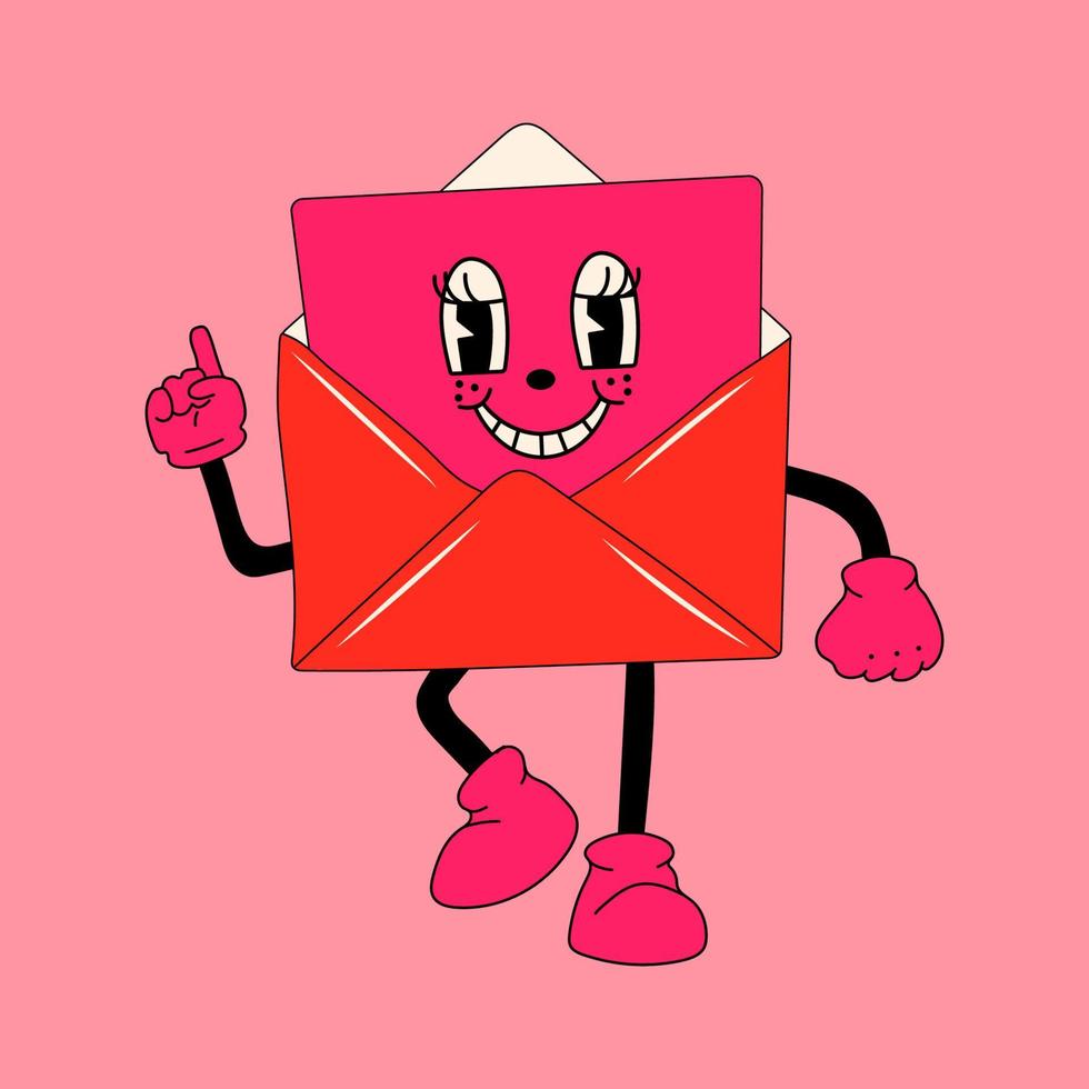 envelope vermelho. Personagem de mascote de desenho animado dos anos 30, 40, 50, estilo de animação dos anos 60 conceito de dia dos namorados vetor