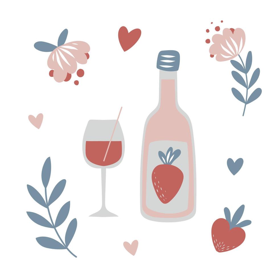 vinho rosé, champanhe. copos de vinho, estrelas. banquete, celebração. aniversário, casamento, elementos do dia dos namorados vetor