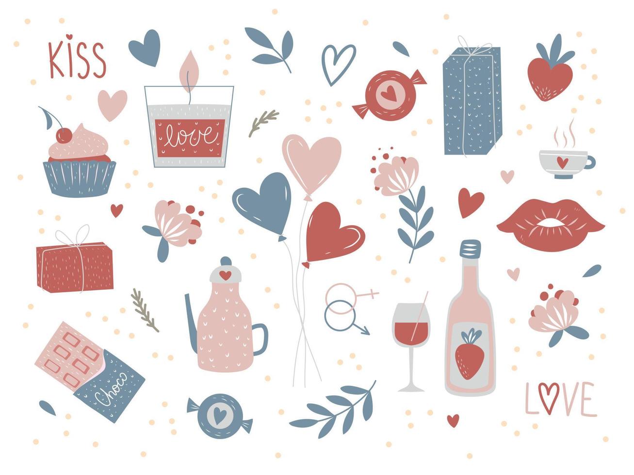conjunto de elementos de doodle do dia dos namorados. presente, coração, balão, beijo, chave, cartas de amor, rosa, doces e outros para decoração. adesivos românticos desenhados à mão vetor