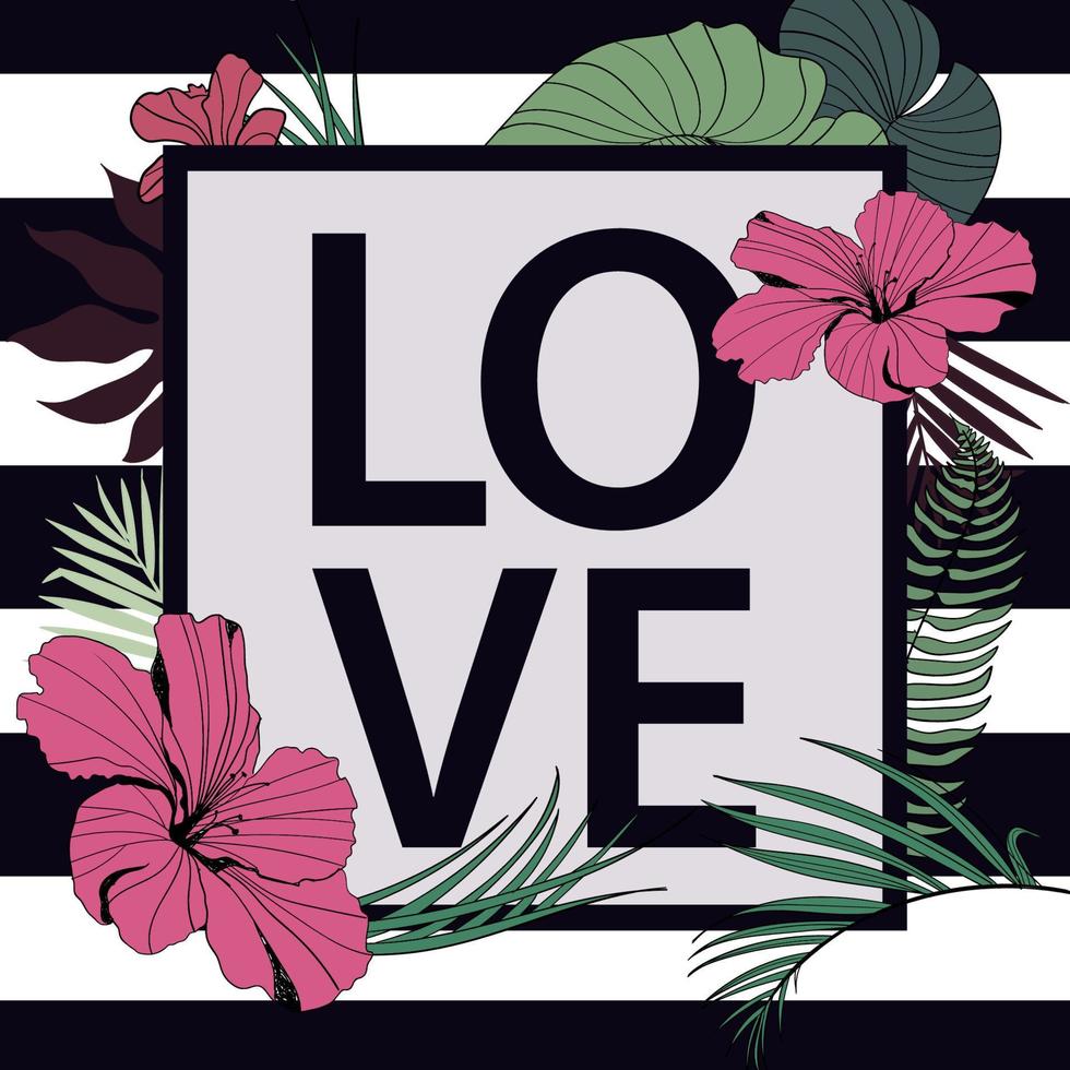 vetor amor impressão tropical. quadro com slogan de amor em fundo preto e branco despojado, decorado com folhas de palmeira e flores. cartaz, cartão, banner, ilustração