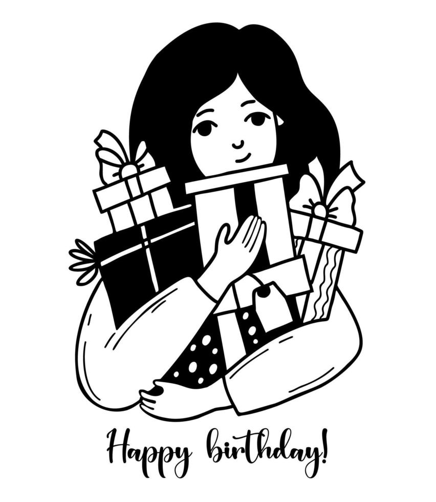 feliz Aniversário. linda garota com presentes e caixas com arcos. ilustração vetorial. rabisco desenhado à mão. personagem feminina para design de temas de férias. vetor