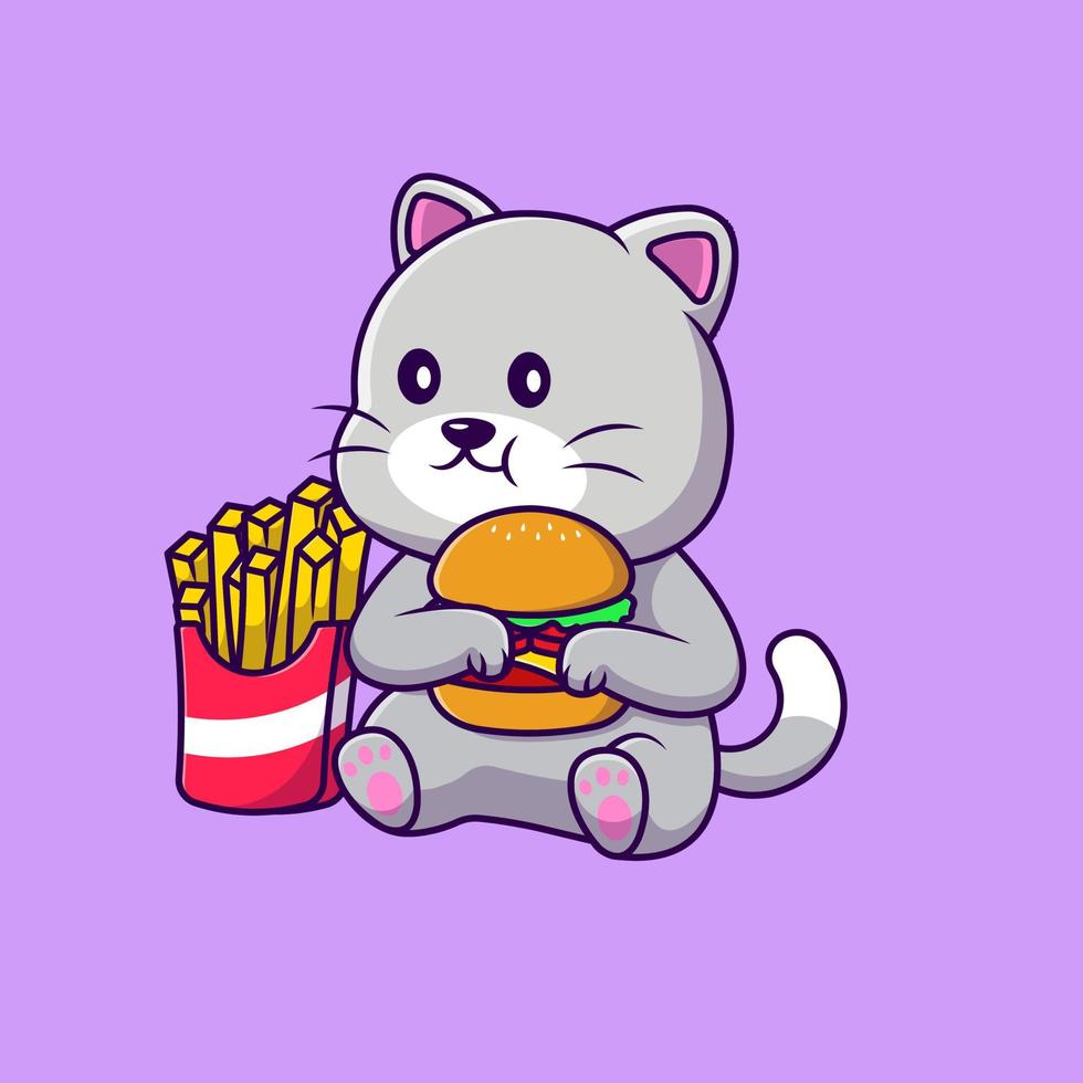 gato bonito comendo hambúrguer e ilustração de ícones vetoriais dos desenhos animados de batatas fritas. conceito de desenho animado plano. adequado para qualquer projeto criativo. vetor