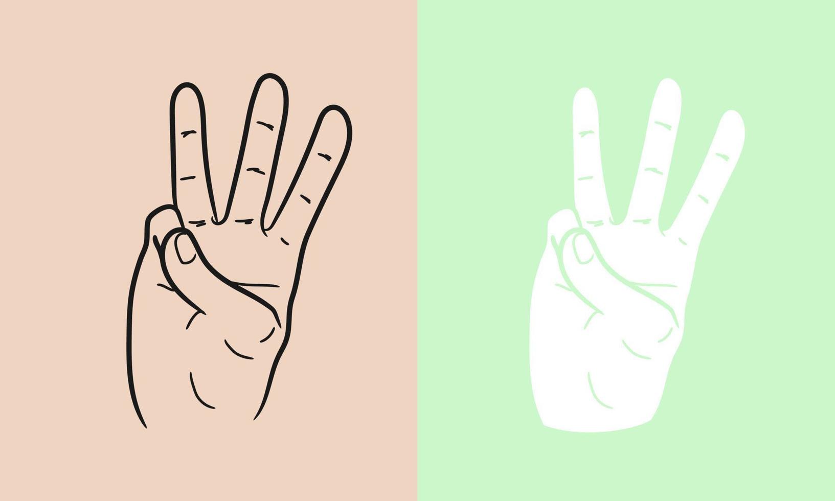 três dedos do modelo de ilustração vetorial de gestos de mão. arte de linha de gesto realista da mão humana. isolado no fundo. vetor eps 10.