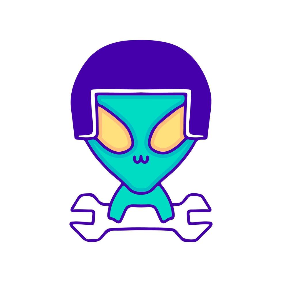 bebê alienígena legal usando capacete e segurando arte de doodle de chave inglesa, ilustração para camiseta, adesivo ou mercadoria de vestuário. com pop moderno e estilo kawaii. vetor