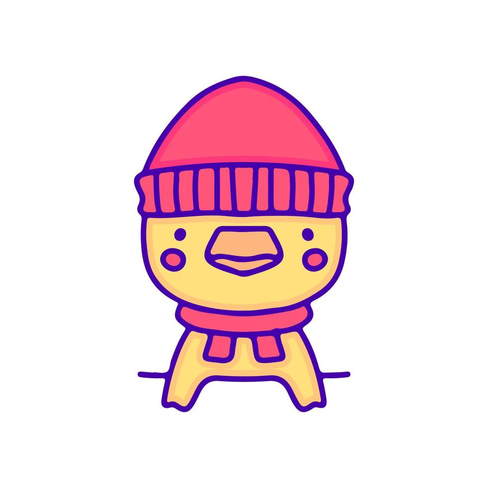 doce bebê pato usando arte de doodle de chapéu de gorro, ilustração para camiseta, adesivo ou mercadoria de vestuário. com pop moderno e estilo kawaii. vetor