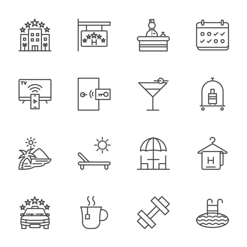 serviço de hotel, conjunto de ícones de hotel de linha fina simples, design de ícone vetorial vetor