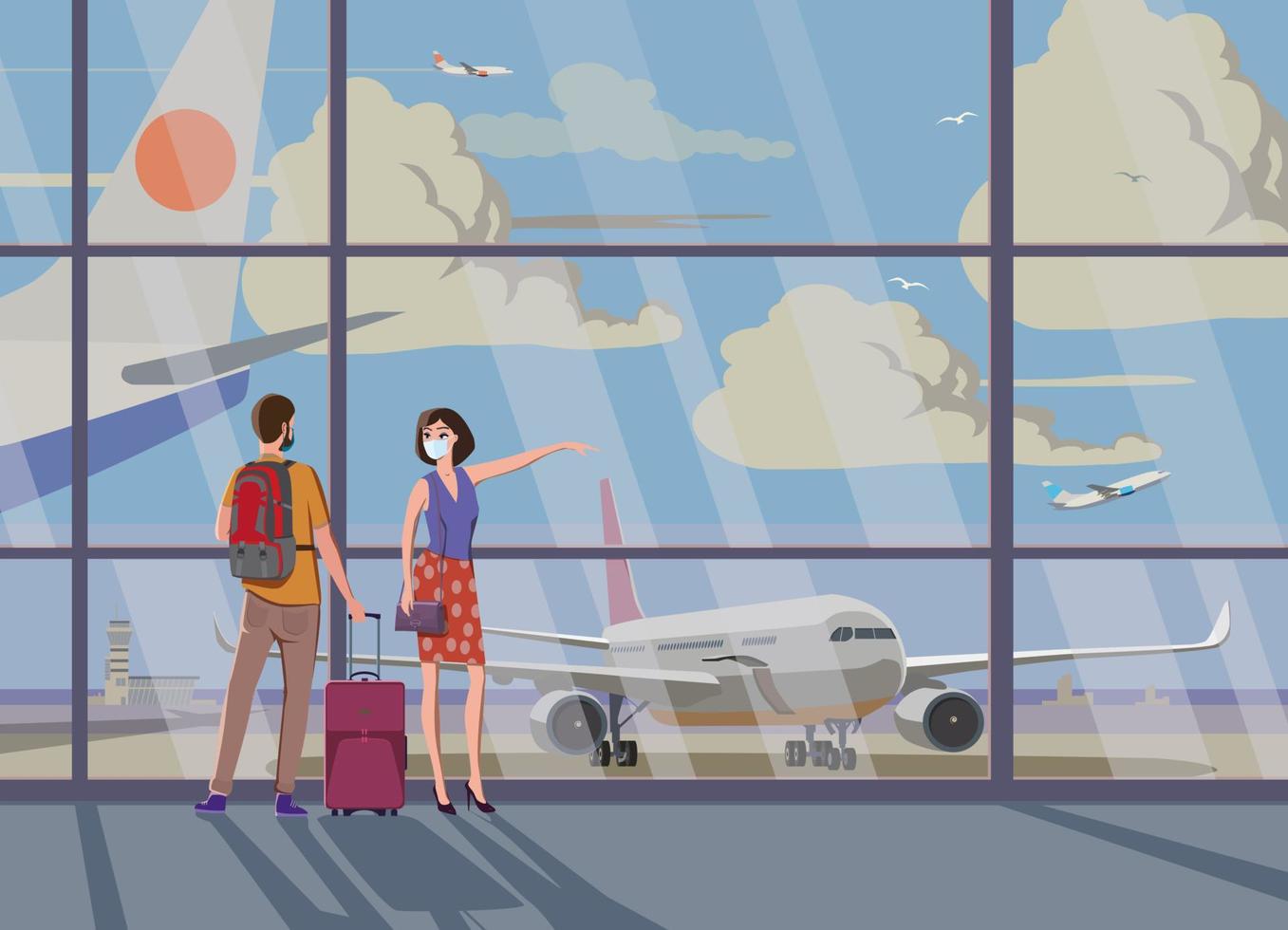 turistas no aeroporto tendo como pano de fundo uma grande janela e aeronaves. vetor. vetor