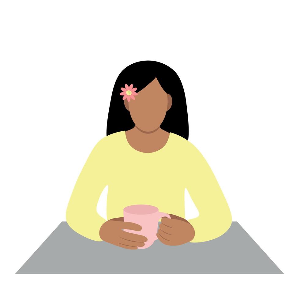 retrato de uma menina indiana com um copo nas mãos à mesa, vetor plano, isolar em branco, ilustração sem rosto