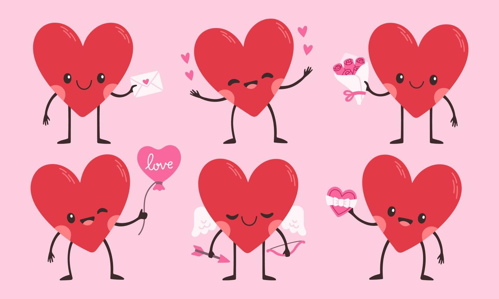 conjunto de caracteres do coração dos desenhos animados. símbolo de amor fofo com rosto, mãos e pés, vetor de emoticon de adesivos emoji