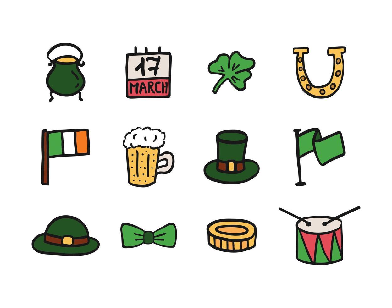 conjunto de ícones vetoriais para o dia de são patrício. imagens isoladas desenhadas à mão no fundo branco. celebração do 17 de março. trevo, cerveja, bandeira irlandesa, moeda, tambor vetor