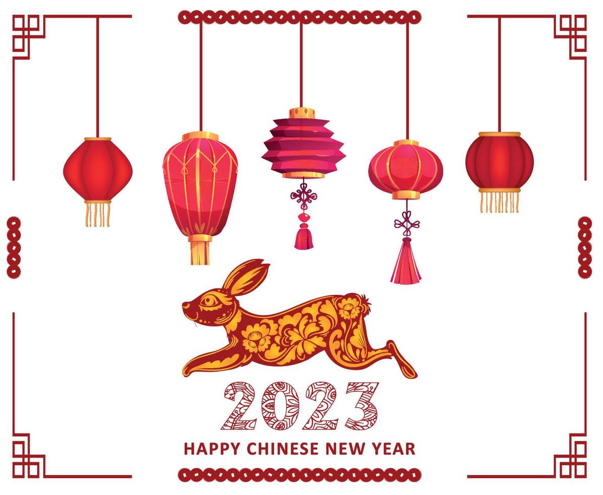 feliz ano novo chinês 2023 ano do coelho design vermelho e amarelo ilustração abstrata do vetor com fundo branco