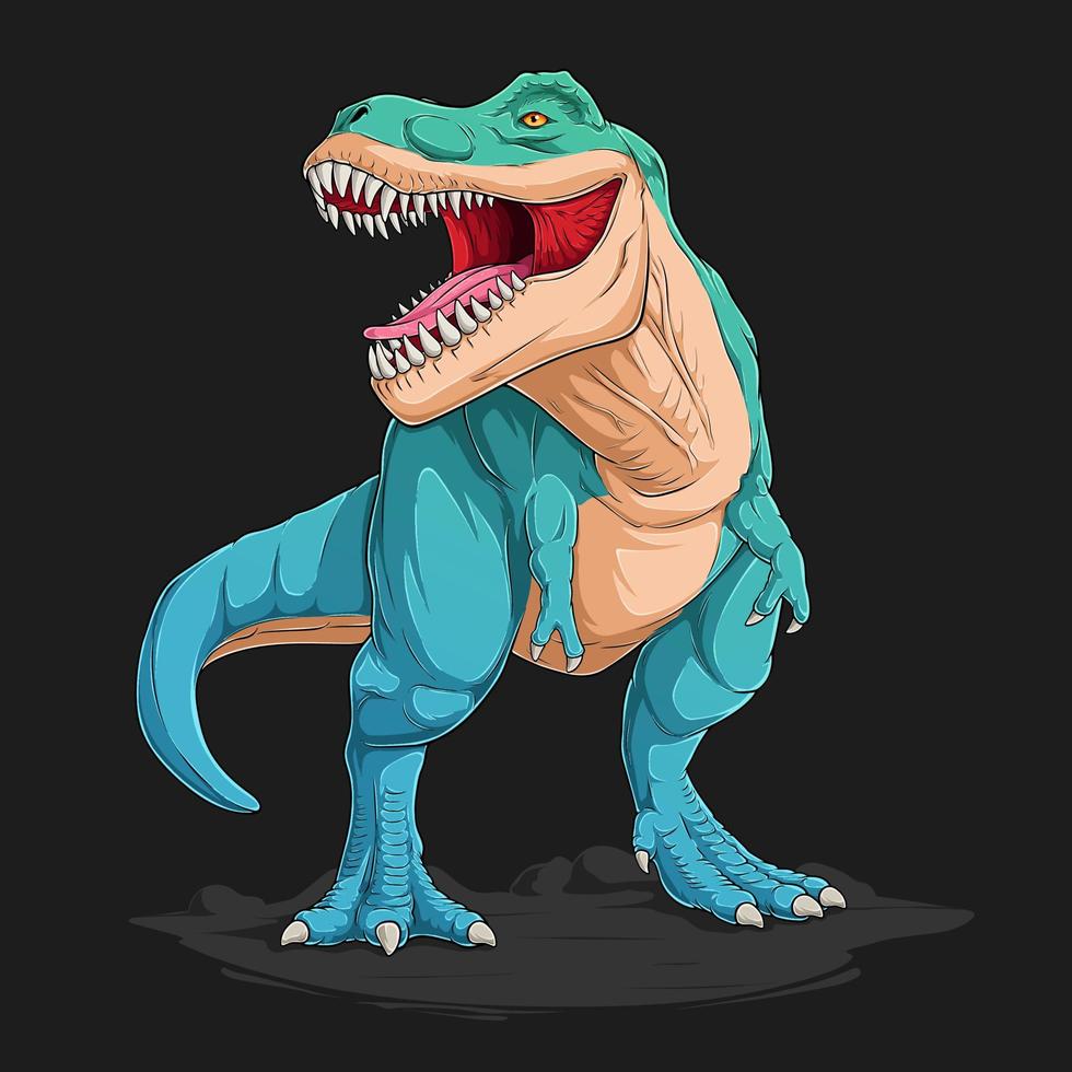 tiranossauro zangado azul desenhado à mão dinossauro t rex, dinossauro pré-histórico carnívoro azul rugindo vetor
