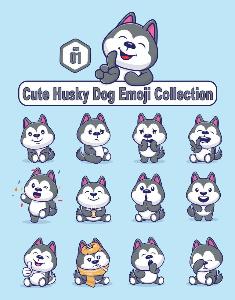 conjunto de personagens fofos de cães husky com emoticons diferentes vetor