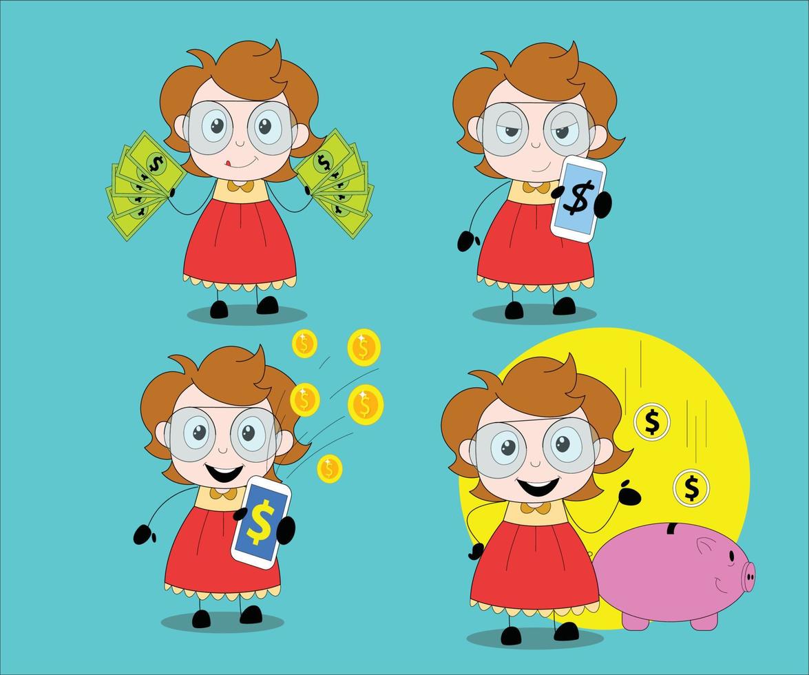 vetor de pose de desenho animado de garota de dinheiro