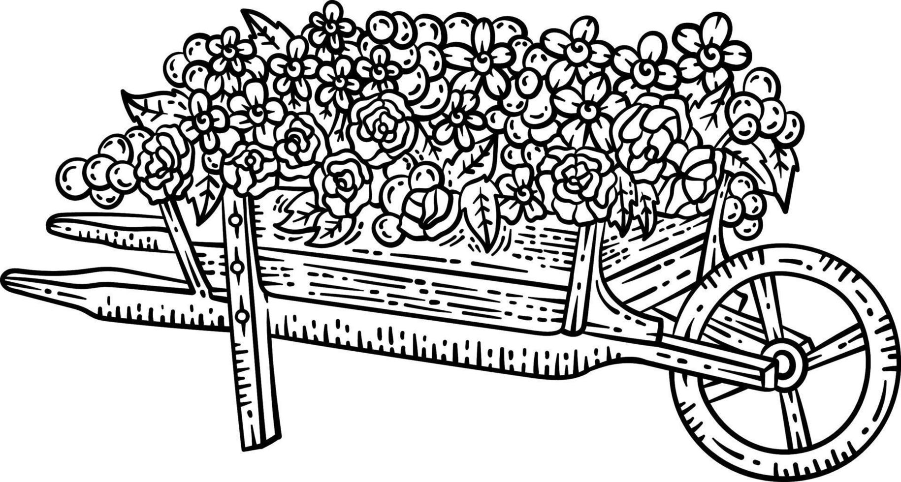página para colorir de primavera de flores de carrinho de mão para adulto vetor