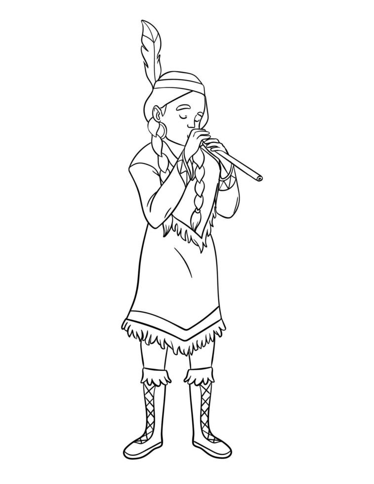 menina indiana nativa americana tocando flauta isolada vetor