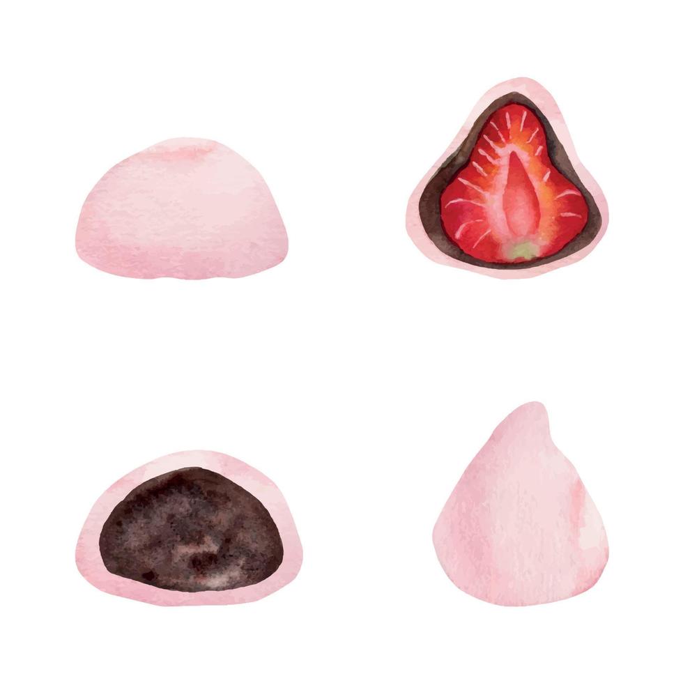 doces japoneses tradicionais desenhados à mão em aquarela. primavera wagashi, sakura mochi, daifuku, cereja. isolado no fundo branco. design para convites, menu de restaurante, cartões comemorativos, impressão, têxtil vetor