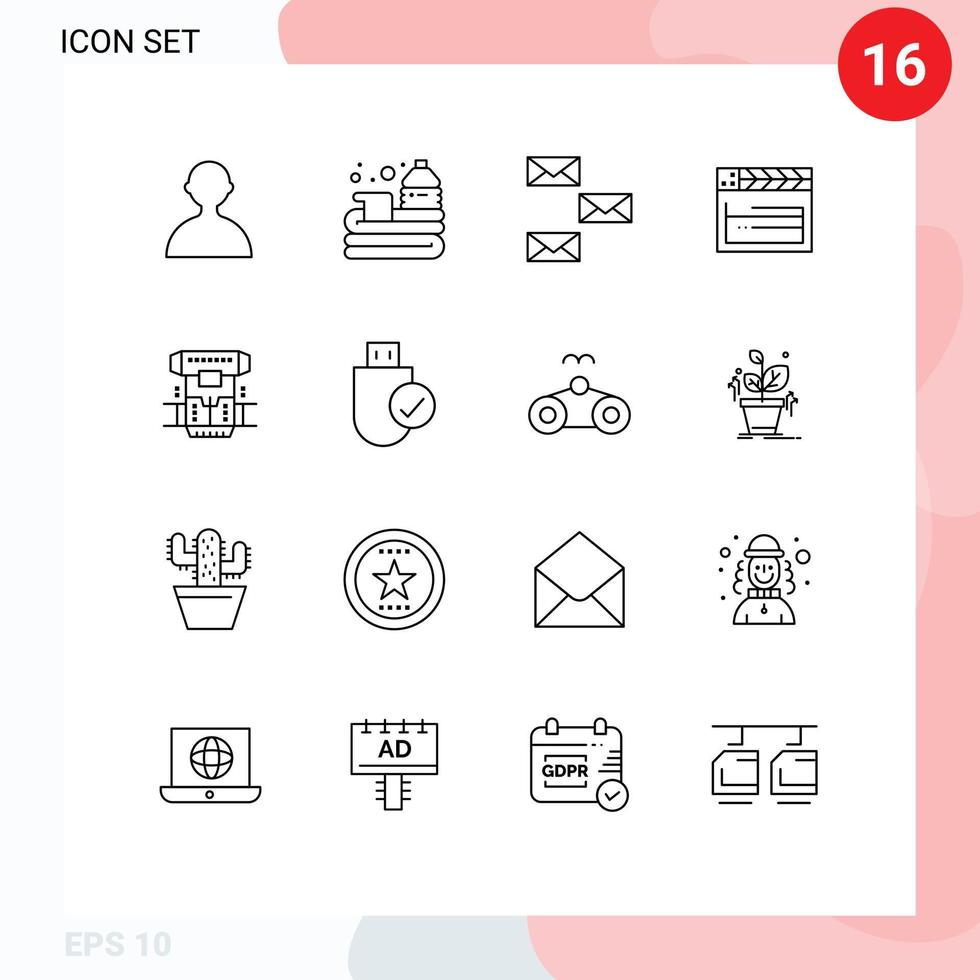 16 ícones criativos, sinais e símbolos modernos da caixa eua, envelope de filme traseiro, elementos de design de vetores editáveis
