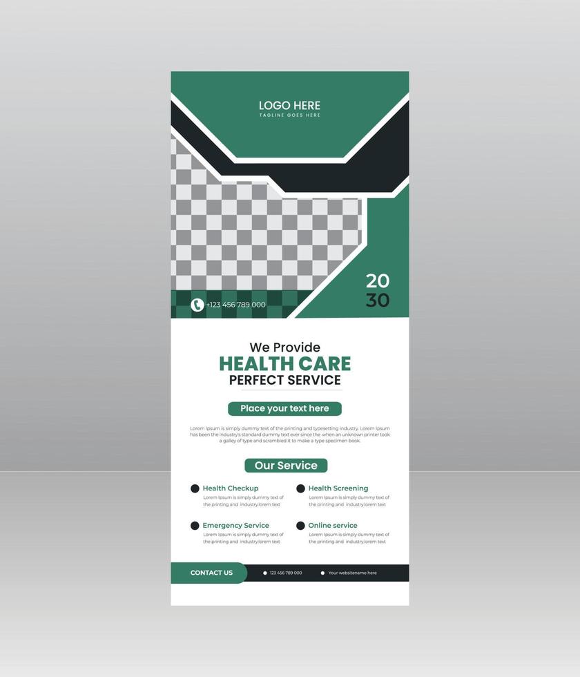 banner de enrolamento médico moderno e elegante, modelo de folheto médico para hospital, médico, enfermeira e promoção de saúde. x banner, banner roll-up corporativo vetor