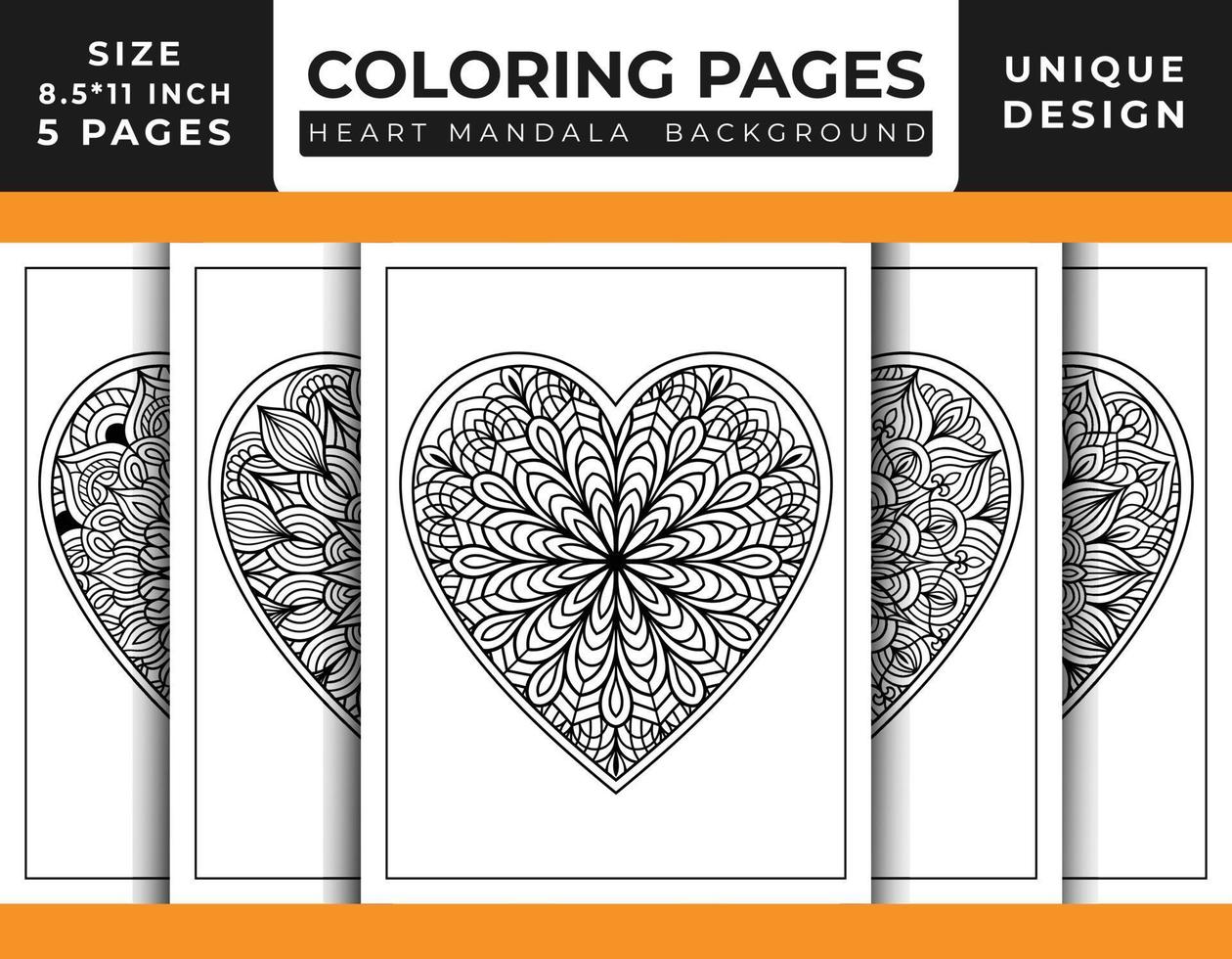 páginas para colorir de arte padrão de mandala floral em forma de coração definidas para adultos, arte de linha delineada desenhada à mão, páginas para colorir de mandala floral de coração doodle vetor