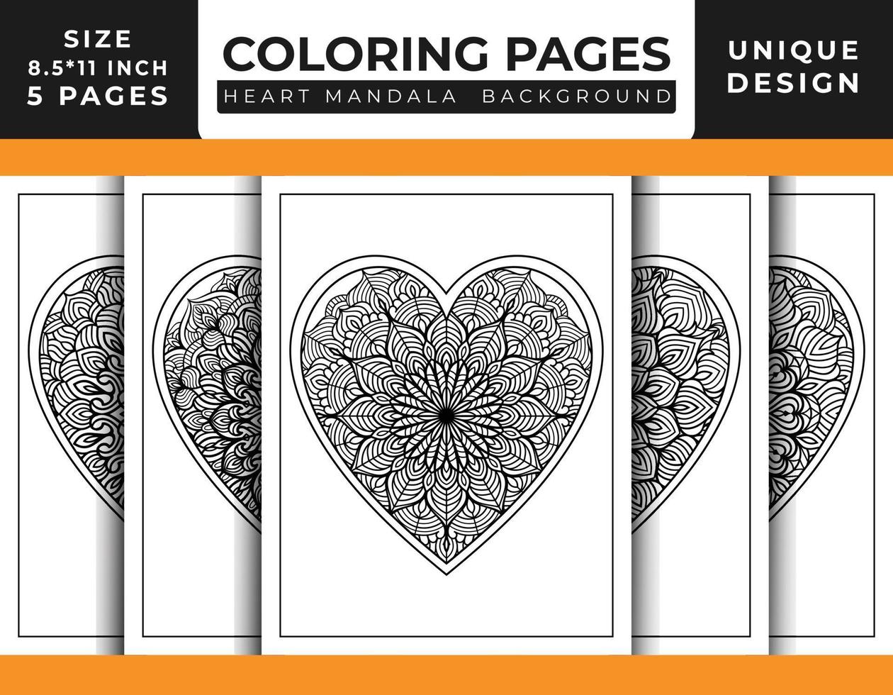 páginas para colorir de arte padrão de mandala floral em forma de coração definidas para adultos, arte de linha delineada desenhada à mão, páginas para colorir de mandala floral de coração doodle vetor