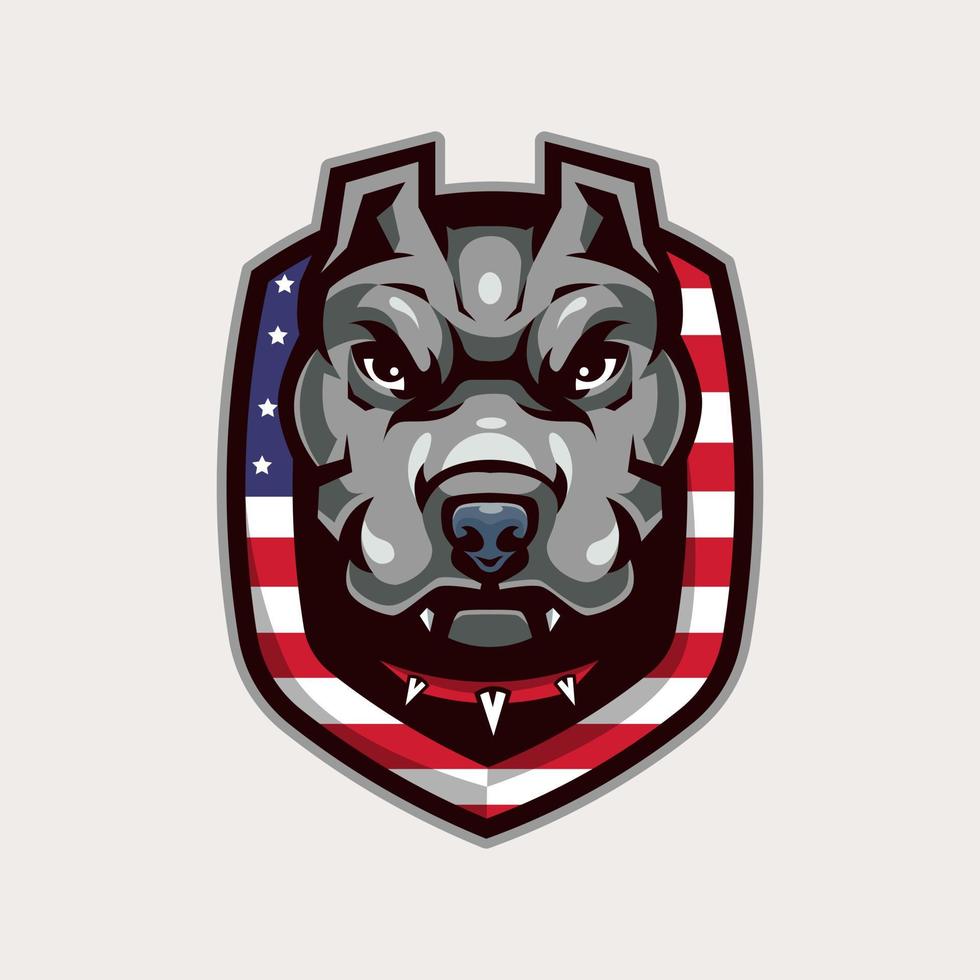 design de logotipo de mascote de vetor de cachorro com estilo de conceito de ilustração moderna para impressão de crachá, emblema e camiseta. ilustração de pit bull com raiva com um colar em volta do pescoço e escudo bandeira americana