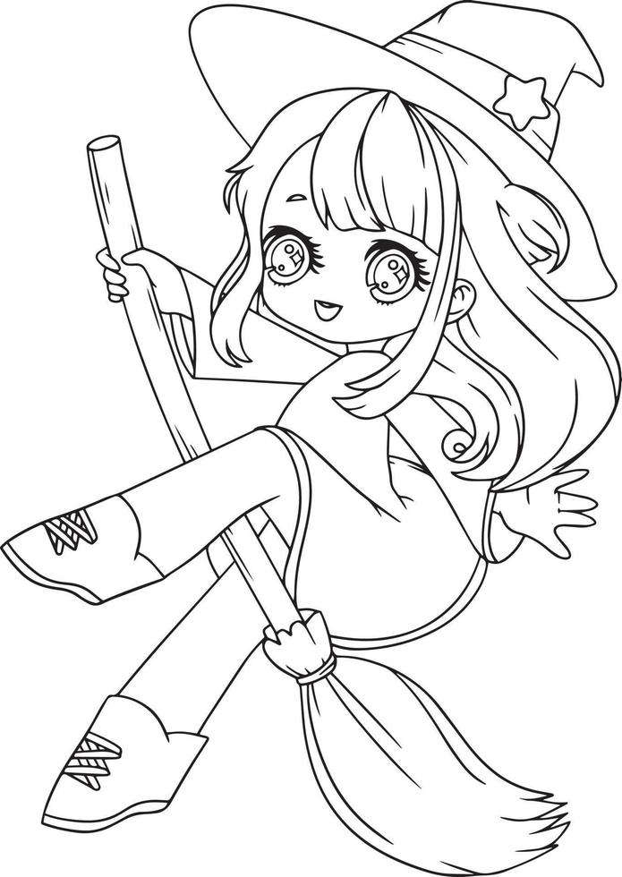 desenho de esboço de garota de anime de bruxa vetor