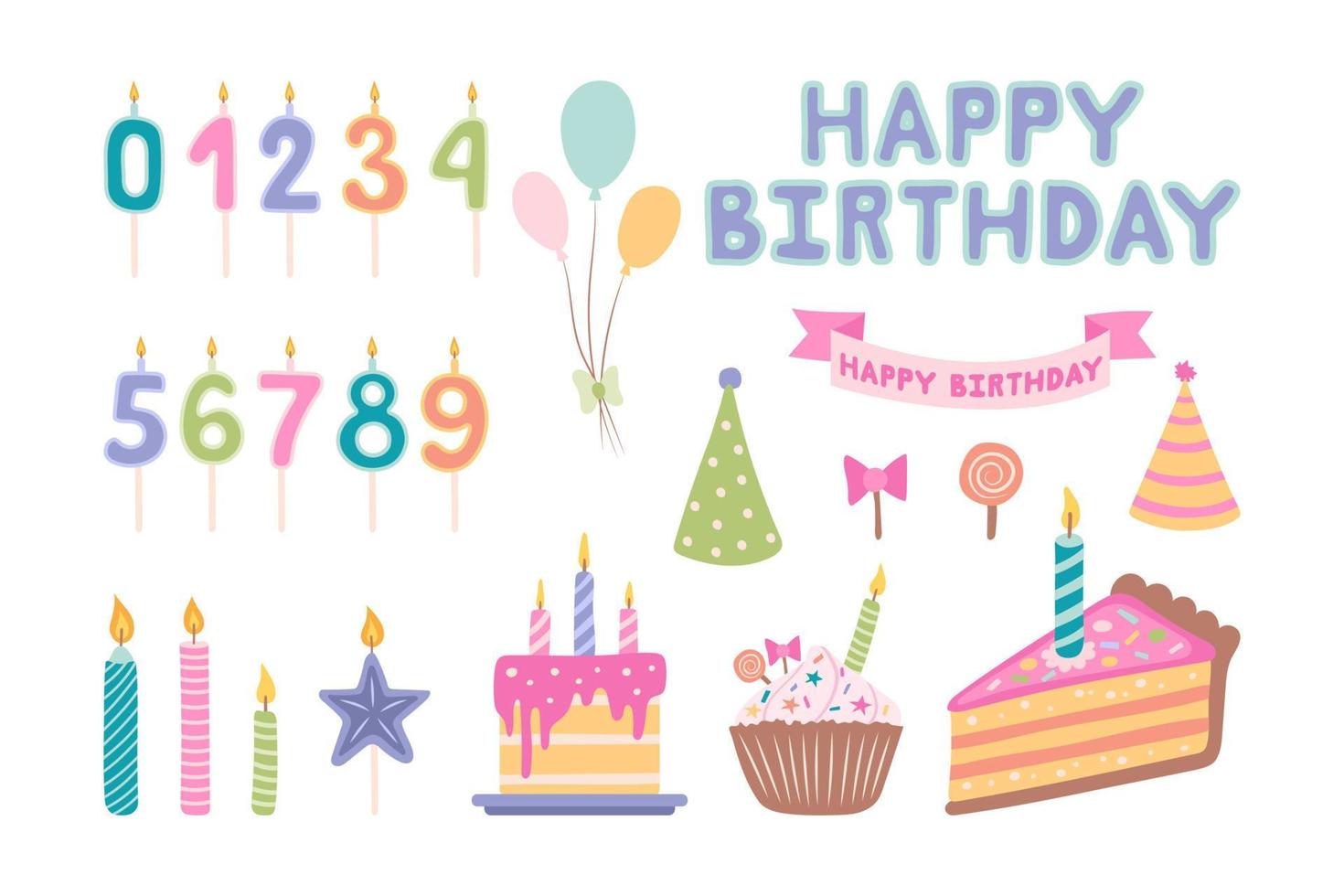 conjunto de ilustração de aniversário. queimando velas de aniversário. decorar o bolo de aniversário. cartão de feliz aniversário. ilustração vetorial vetor