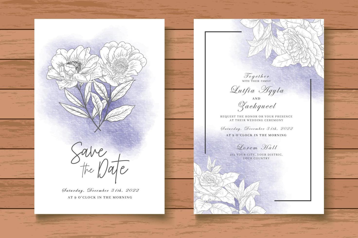 lindo conjunto de cartão de convite de casamento floral aquarela vetor