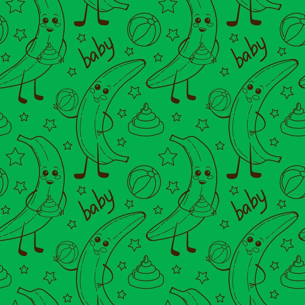 bananas de bebê fofo kawaii com bolas, puramids e estrelas vector padrão sem emenda sobre fundo verde. o vetor descreve o fundo da banana do bebê dos desenhos animados. perfeito para estampas têxteis, design infantil, decoração.