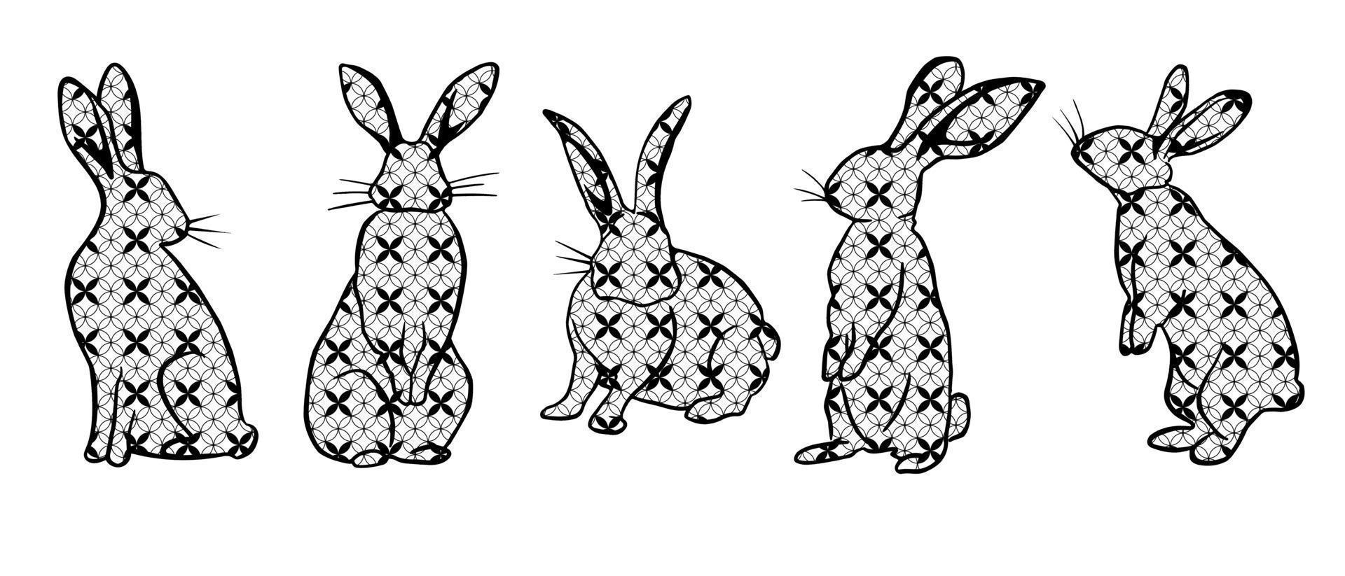 conjunto de símbolo do zodíaco chinês tradicional - coelho preto sobre fundo branco com ornamentos geométricos. vetor