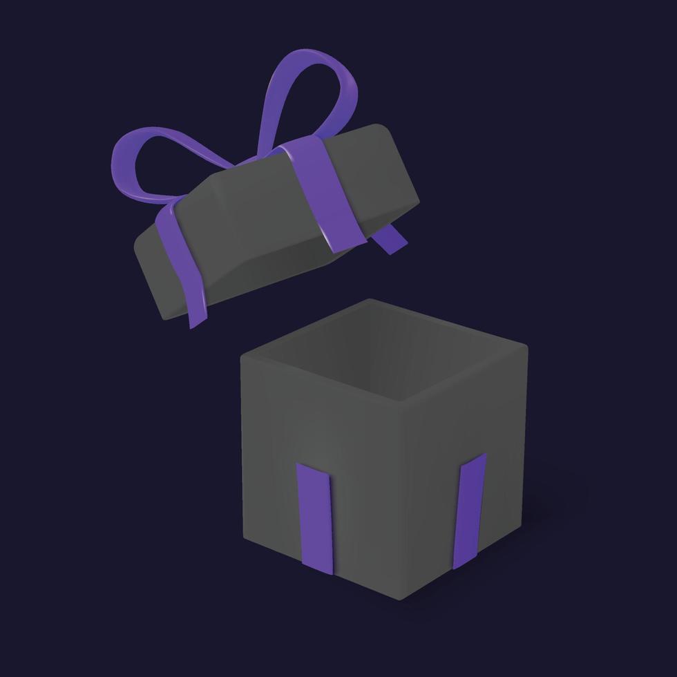 caixa de presente escura com laço brilhante 3d realista com topo voando vetor