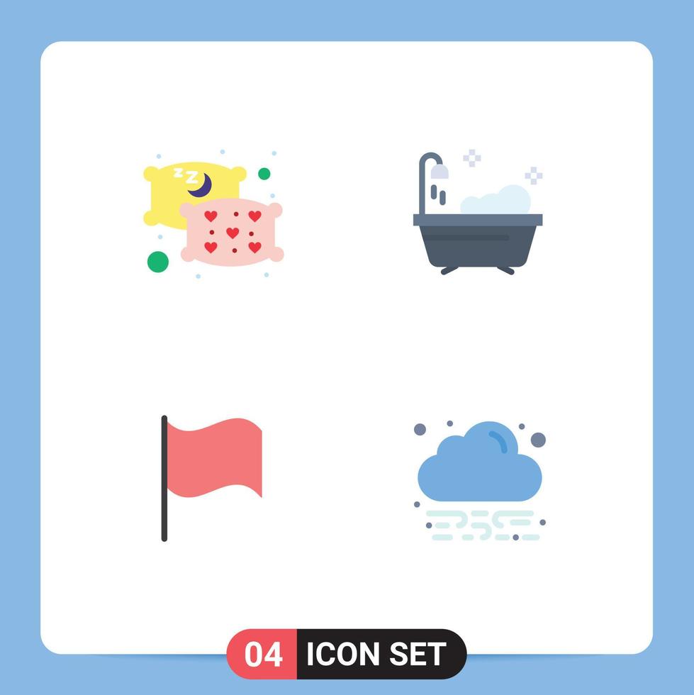 pacote de 4 sinais e símbolos de ícones planos modernos para mídia de impressão na web, como elementos de design de vetores editáveis de nuvem básica de banheiro de energia de travesseiro