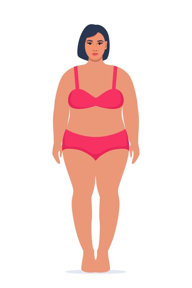 mulher positiva de corpo em cueca. personagem feminina plus size. garota atraente, curvilínea e acima do peso. obesidade de tamanho grande, senhora muito grande em belas roupas da moda. ilustração vetorial. vetor