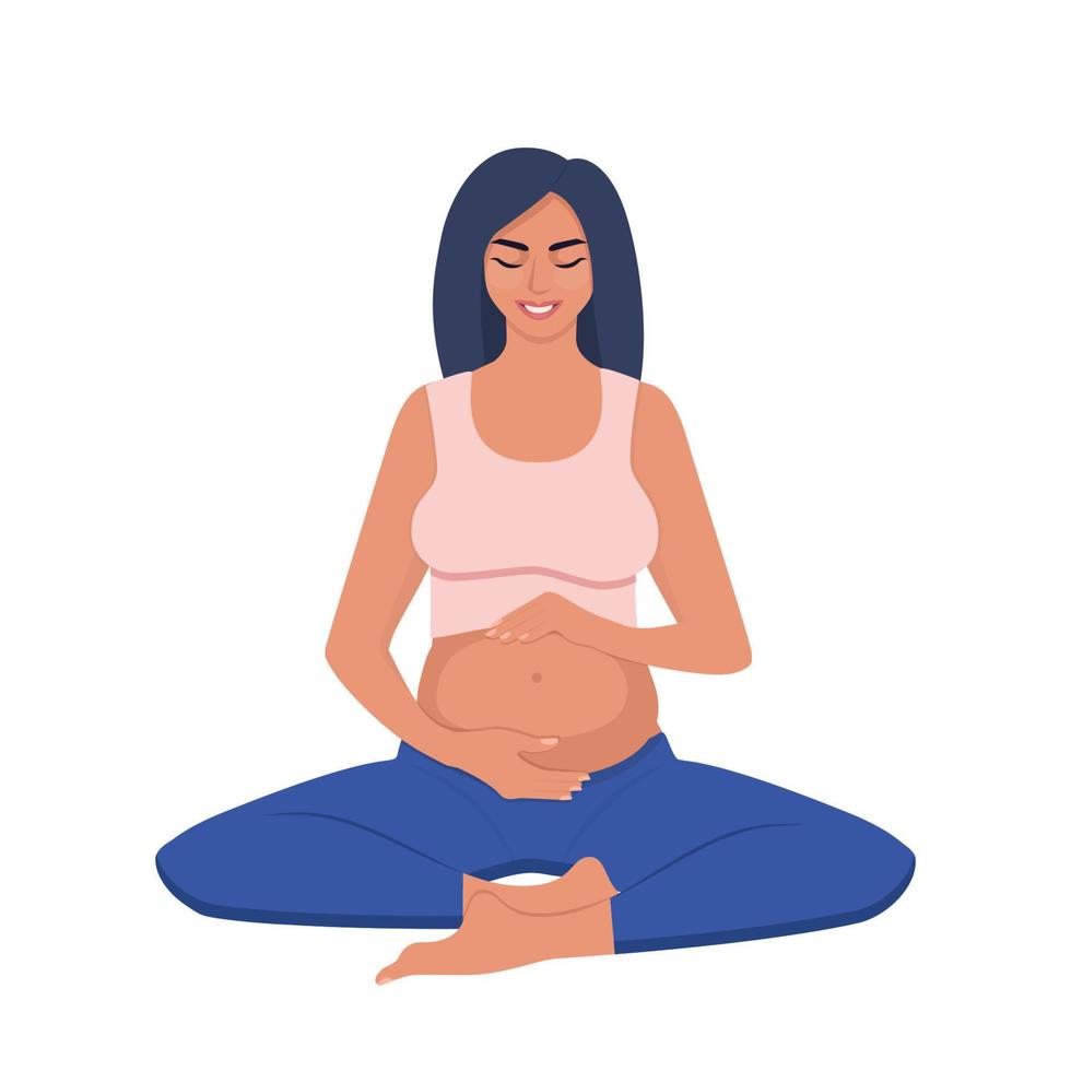 mulher grávida faz ioga e meditação. mulheres grávidas em pose de lotos. ioga pré-natal. conceito de gravidez, maternidade, cuidados de saúde. ilustração vetorial. vetor