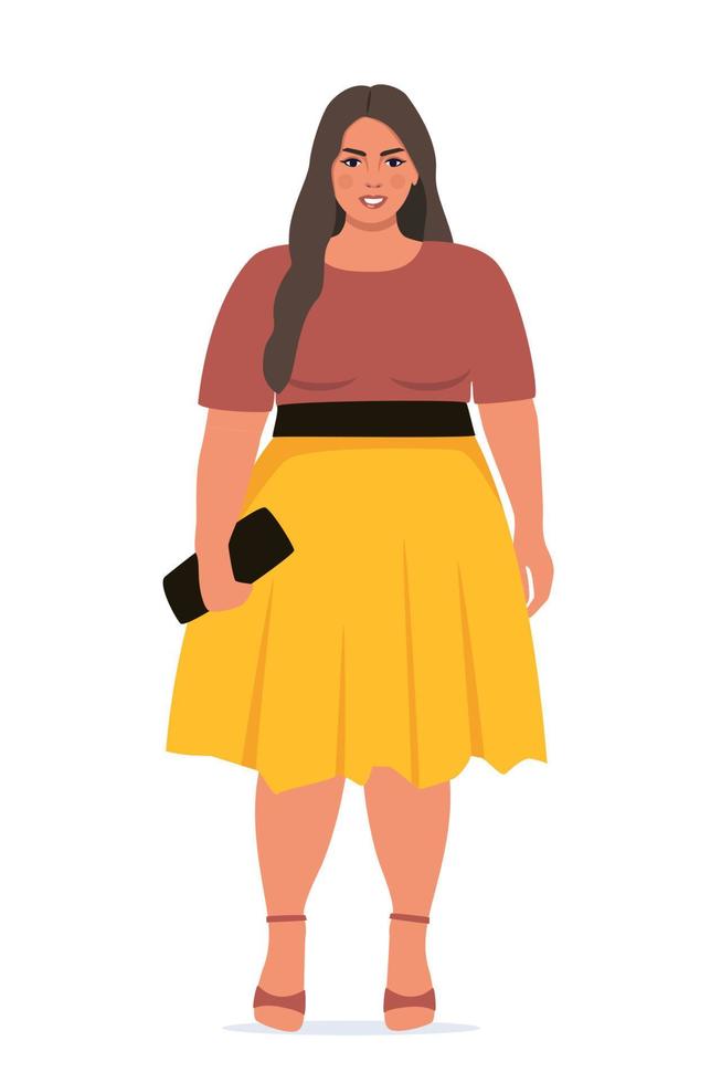 mulher positiva do corpo. personagem feminina plus size. garota atraente, curvilínea e acima do peso. obesidade de tamanho grande, senhora muito grande em belas roupas da moda. ilustração vetorial. vetor