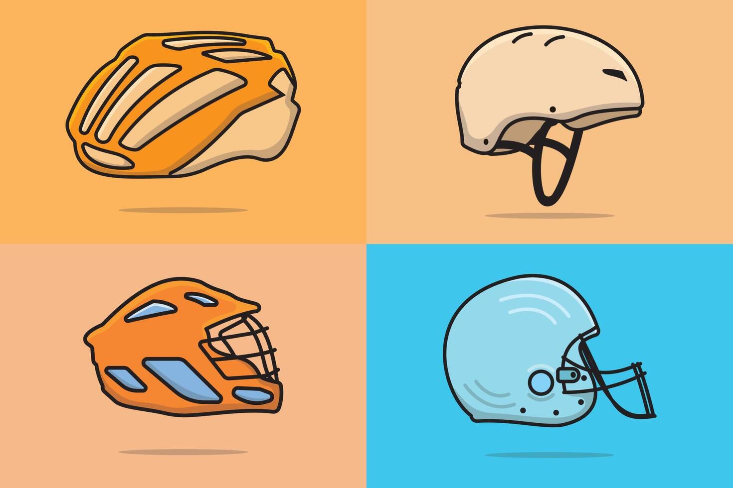 conjunto de ilustração vetorial de equipamentos de capacete de segurança esportiva. conceito de ícone de objeto de segurança de cabeça de pessoas. coleção de capacete de moto, futebol americano, capacete de ciclismo, design vetorial de capacete de hóquei. vetor