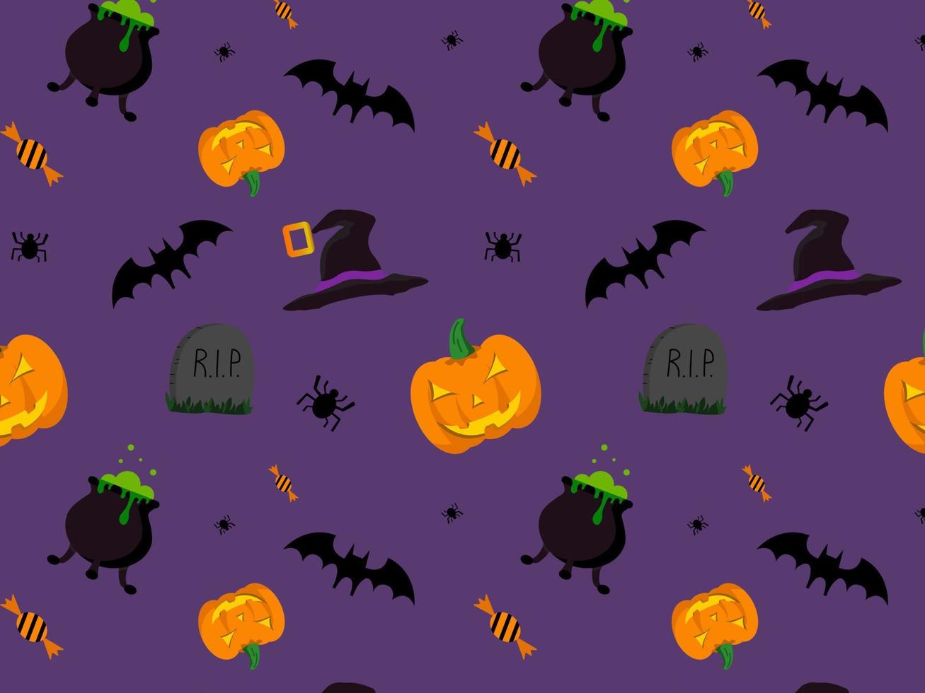 padrão de halloween, com abóbora, lápide, morcego, aranha, doce, caldeirão e chapéu de bruxa vetor