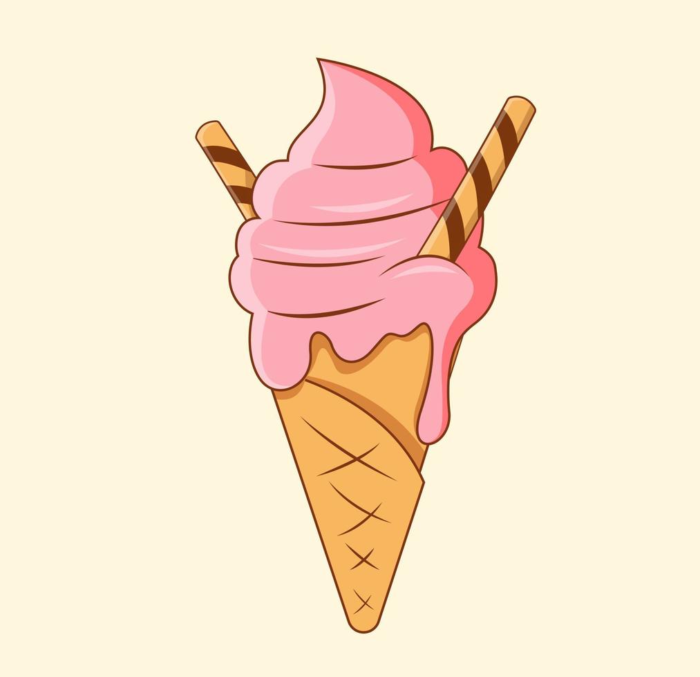 sorvete. sorvete de morango em um cone de waffle com um palito de waffle vetor