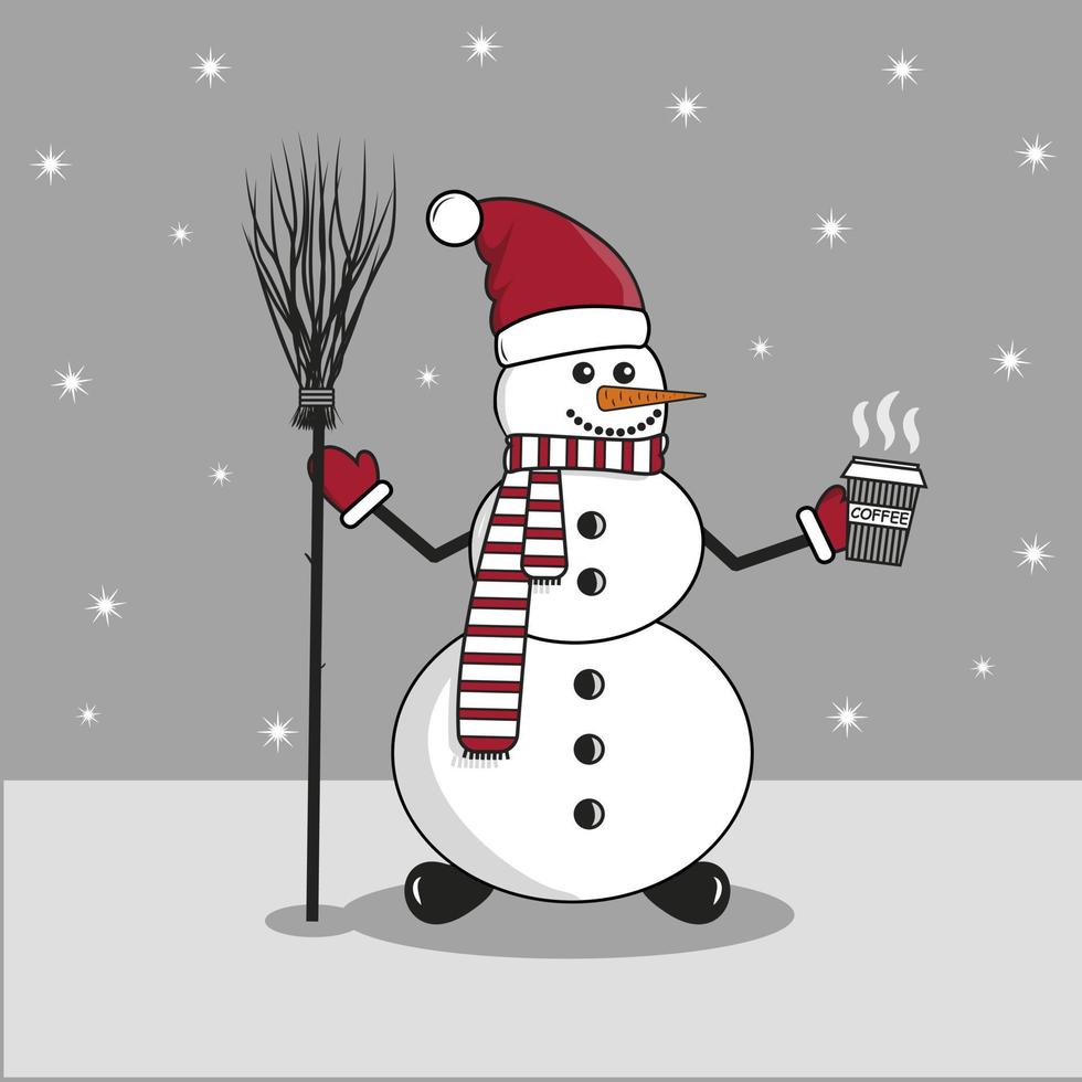 ano Novo. Natal. um boneco de neve fica com uma vassoura e segura café quente na mão vetor