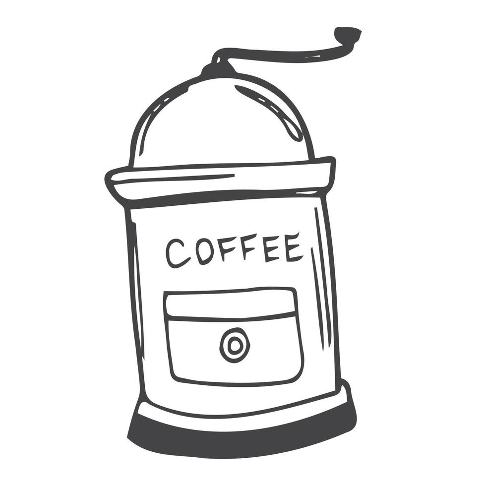 moedor de café isolado no fundo branco. estilo doodle. vetor