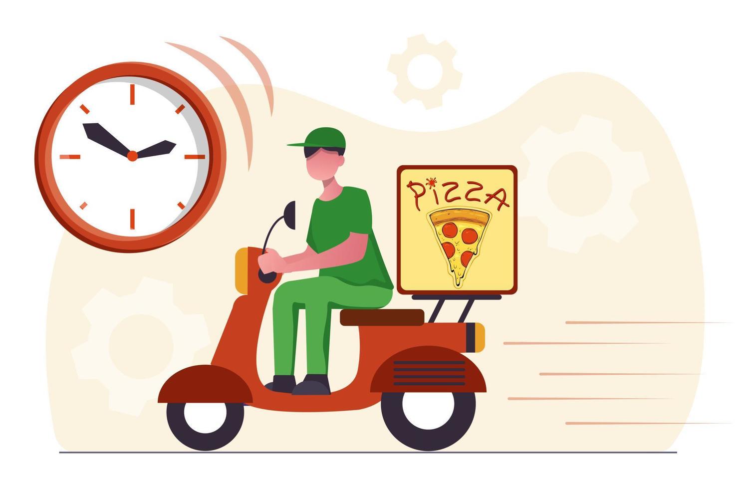 entrega de alimentos. um homem entrega uma pizza em uma scooter. vetor